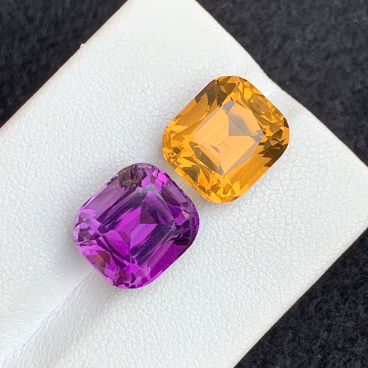 Amethyst and Citrine Pair for Jewelry, Cushion Cut 12.00 Cts