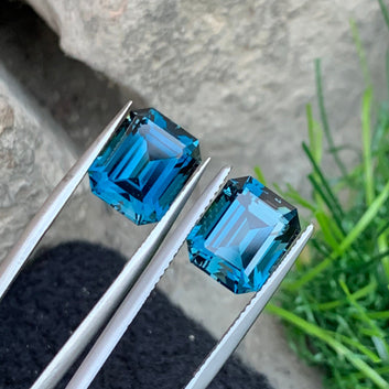 London Blue Topaz Pair for Earrings, Emerald Cut 11.55 Carats