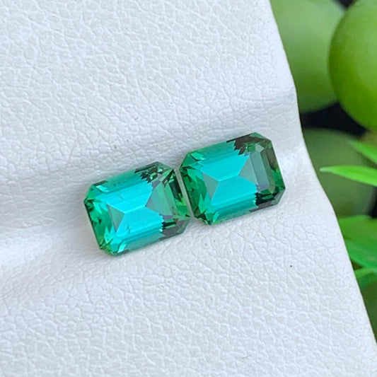 Bluish Green Tourmaline Gemstone Pair, Emerald Cut 2.10 Carats