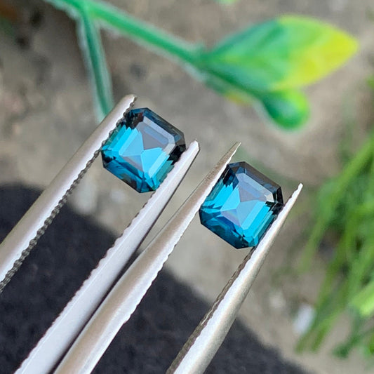 Ink Blue Tourmaline Pair for Earrings, Emerald Cut 1.20 Carats