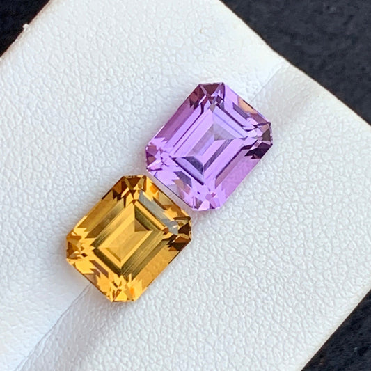 Citrine and Amethyst Jewelry Pair, Emerald Cut 5.50 Cts