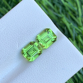 Apple Green Peridot Pair for Earrings, Emerald Cut 3.50 Carats