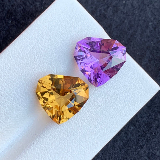 Citrine and Amethyst Reverse Pair, Heart Shape 10.30 Carats