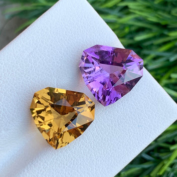 Citrine and Amethyst Reverse Pair, Heart Shape 10.30 Carats