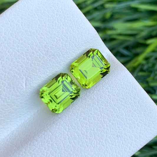Yellow Green Peridot Pair for Earrings, Emerald Cut 2.90 Carats