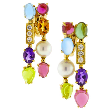 Multi-color gemstone double row drop earrings, mismatched jewelry style