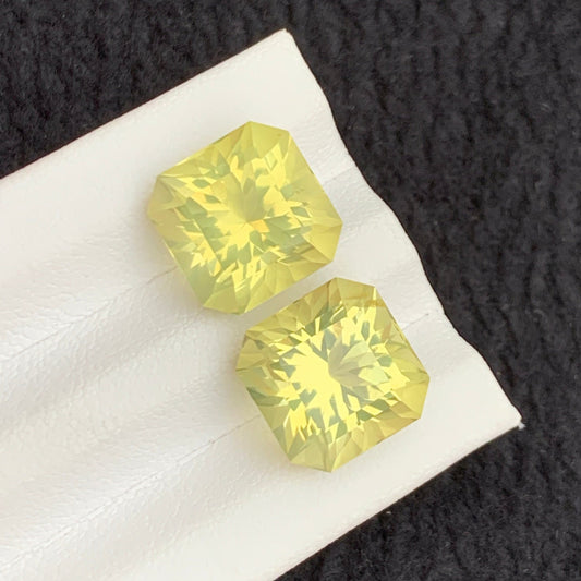 Lemon Quartz Earring Pair 14.90 Carats| Asscher Cut Yellow Gemstone from Brazil
