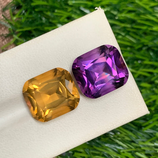 23.75 Carats Reverse Citrine Amethyst Pair – Cushion Cut Gemstones from Brazil