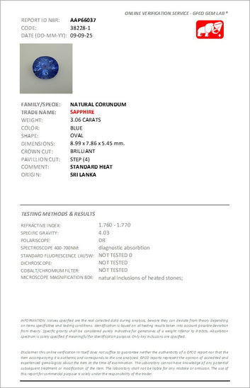 3.06 Carats Vivid Blue Sapphire Gemstone from Sri Lanka, Oval Shape with Certificate