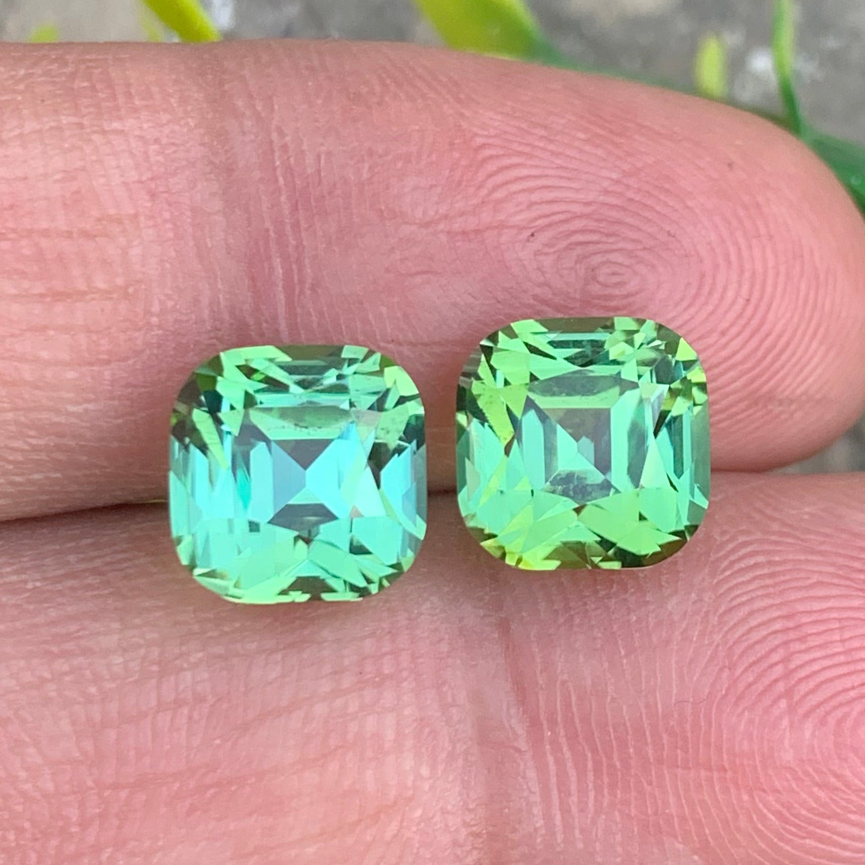 Apple Green Tourmaline ring
Apple Green Tourmaline pendant
Cushion cut apple green tourmaline loose gemstones
Loup clean Afghan tourmaline pair close-up