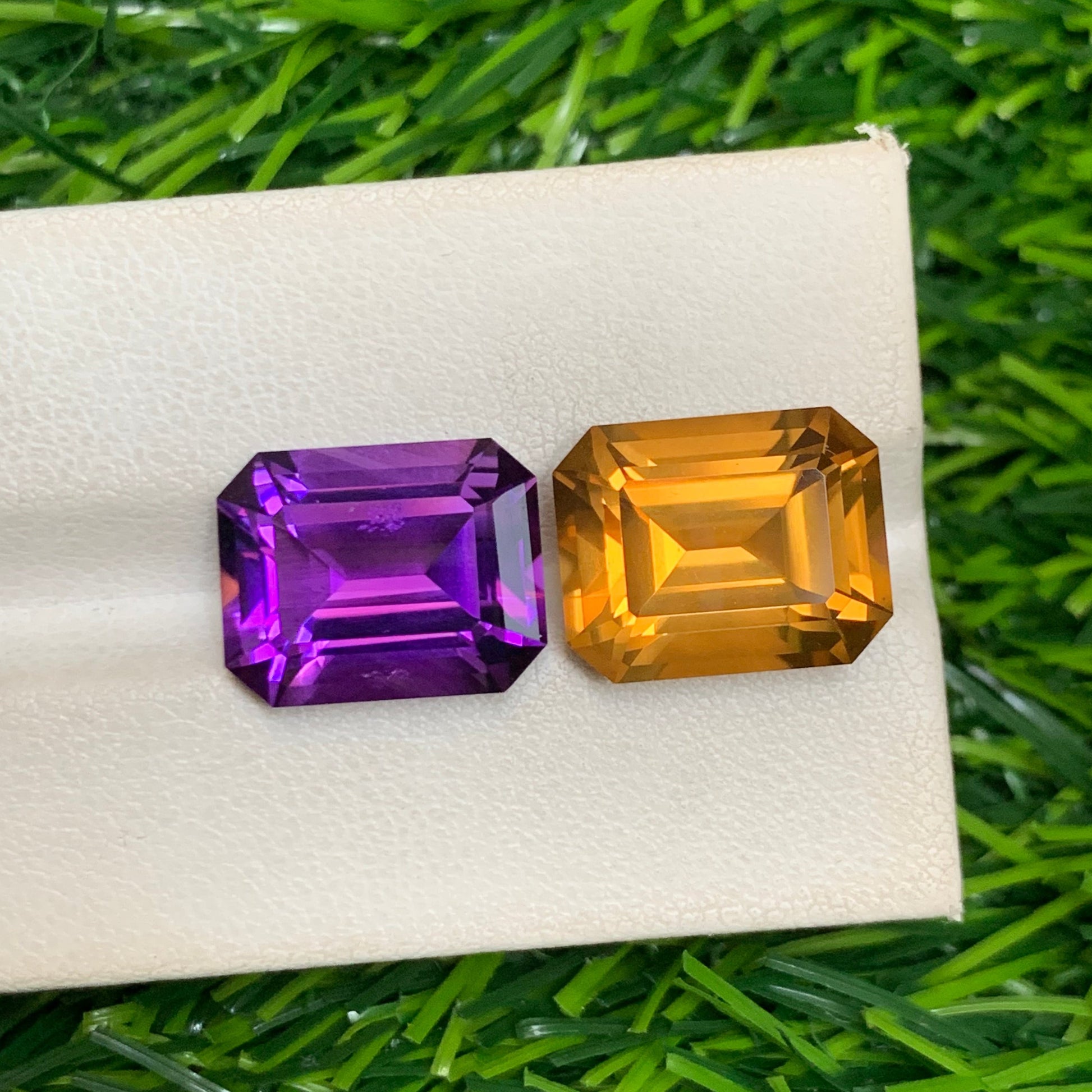 Emerald Cut Reverse Citrine Amethyst Pair