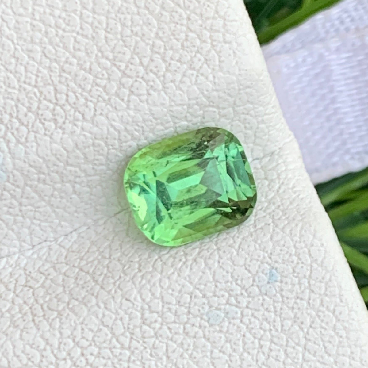 Cushion cut tourmaline side profile showing brilliance
Forest green tourmaline VVS clarity close-up
Mint green tourmaline loose stone on white background