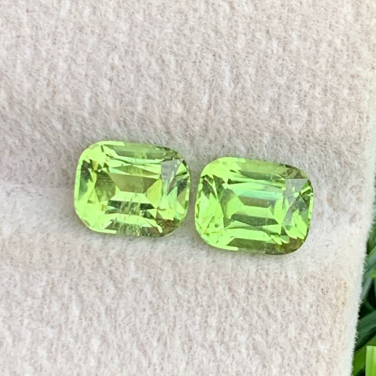 Greenish yellow peridot pair held for scale
Peridot pair reflecting light showing lively green tone