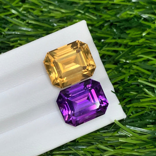 22.40 Carats Reverse Amethyst Citrine Pair for Jewelry, Emerald Cut