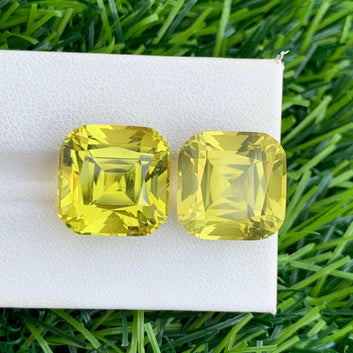 27.60 Carats Lemon Quartz Earring Pair, Yellow Gemstone Pair Cushion Shape