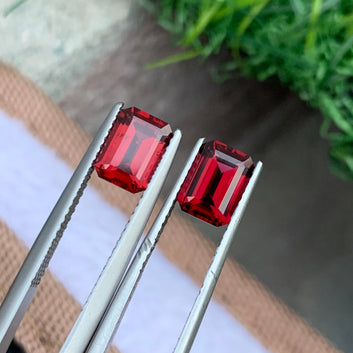 2.80 Carats Rhodolite Garnet Pair for Earrings, Red Gemstone Pair Emerald Cut