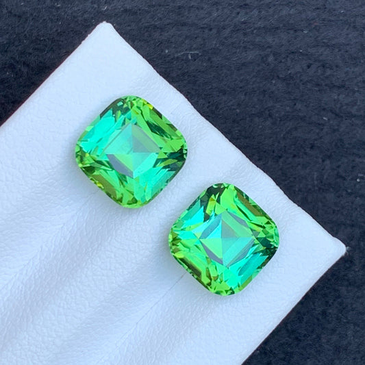 Bluish Green Tourmaline Pair, Cushion Shape 9.45 Carats, Bluish Green Earring Pair