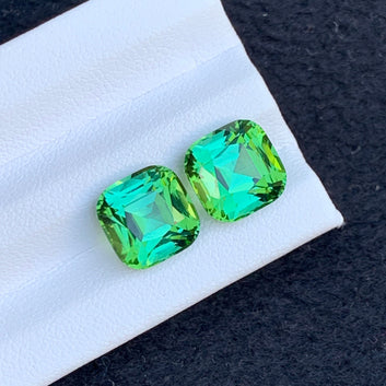 Bluish Green Tourmaline Pair, Cushion Shape 9.45 Carats, Bluish Green Earring Pair