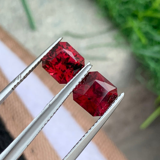 4.95 Carats Rhodolite Garnet Pair for Earrings, Red Gemstone Pair Asscher Cut