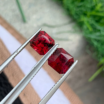 4.95 Carats Rhodolite Garnet Pair for Earrings, Red Gemstone Pair Asscher Cut