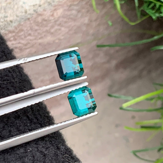 2.45 Carats Natural Blue Tourmaline Pair, Greenish Blue Earrings Pair Emerald Shape