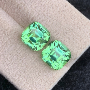 7.82 Carats Apple Green Tourmaline Pair with Cushion Cut from Afghanistan, Tourmaline Earring Pair