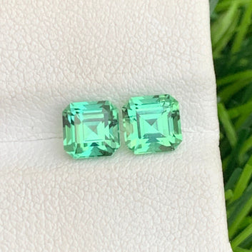 Green Tourmaline Earrings Pair - 1.90 Carats Asscher Cut Apple Green Stones