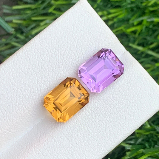 Natural Reverse Amethyst and Citrine Pair, Emerald Cut 7.70 Cts