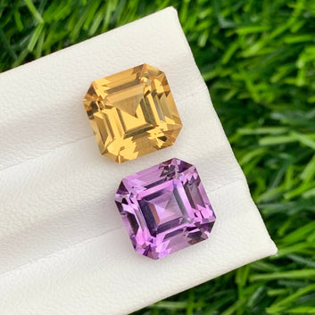 11.40 Carats Reverse Amethyst Citrine Pair for Jewelry, Asscher Shape