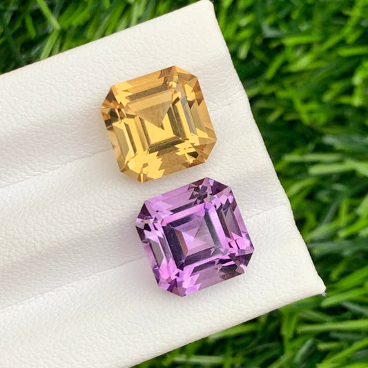 11.40 Carats Reverse Amethyst Citrine Pair for Jewelry, Asscher Shape