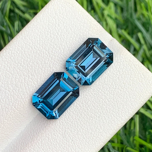 Gorgeous London Blue Topaz Pair for Earrings, Emerald Cut 8.75 Carats