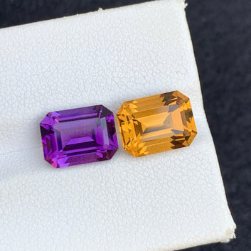 5.90 Carats Reverse Amethyst Citrine Pair for Jewelry, Emerald Shape