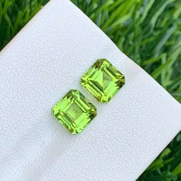 Natural Green Peridot Gemstone Pair for Earrings, Asscher Cut 3.05 Carats