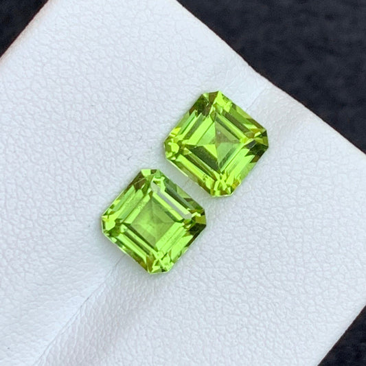 Natural Green Peridot Gemstone Pair for Earrings, Asscher Cut 3.05 Carats