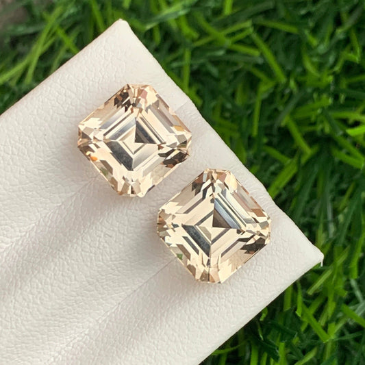 Loose Golden Topaz Pair for Earrings, Asscher Cut 14.35 Carats