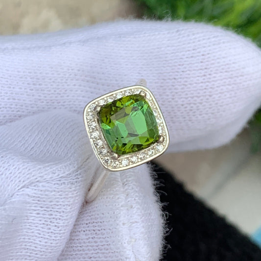 Natural Green Tourmaline Silver (Chandi) Ring, Green Stone Ring