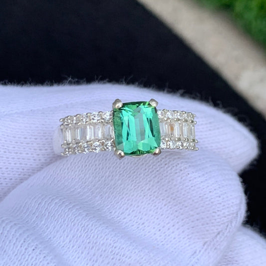 Bluish Green Tourmaline Silver Ring, Tourmaline Engagement Ring