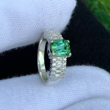 Bluish Green Tourmaline Silver Ring, Tourmaline Engagement Ring