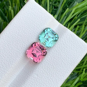 5.05 Carats Unmatched Color Tourmaline pair  – Cushion Cut, Reverse Tourmaline Pair