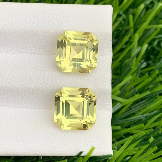 7.40 Carats Lemon Quartz Earring Pair, Yellow Stone Pair Asscher Shape