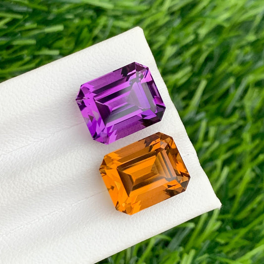 17.95 Carats Reverse Amethyst Citrine Pair for Jewelry, Emerald Shape