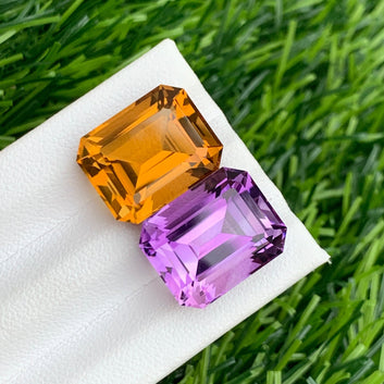 24.35 Carats Reverse Amethyst Citrine Pair for Jewelry, Emerald Shape