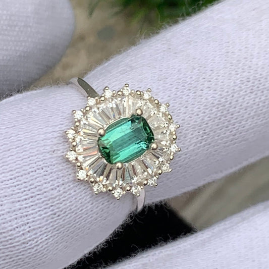 Bluish Green Tourmaline Silver Ring, Tourmaline Wedding Ring