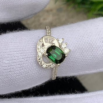 Dark Green Tourmaline Silver Ring, Tourmaline Stone Ring