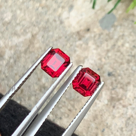 2.00 Carats Rhodolite Garnet Pair for Earrings, Red Gemstone Pair Emerald Cut