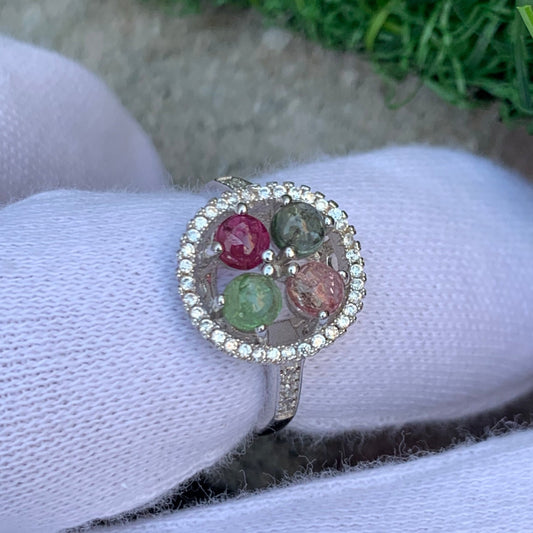 Beautiful Tourmaline Silver Ring, Multi Color Tourmaline Stone Ring