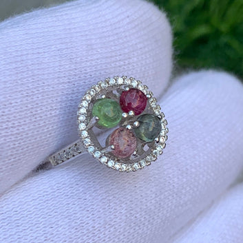 Beautiful Tourmaline Silver Ring, Multi Color Tourmaline Stone Ring