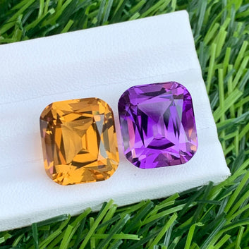 27.40 Carats Reverse Amethyst Citrine Pair for Jewelry, Cushion Shape