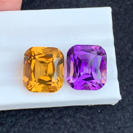 27.40 Carats Reverse Amethyst Citrine Pair for Jewelry, Cushion Shape