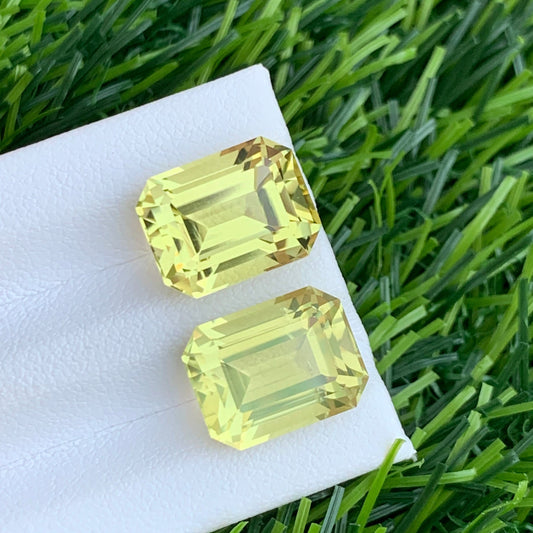 15.60 Carats Lemon Quartz Earring Pair, Natural Yellow Stone Pair Emerald Shape